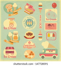 Ice Cream Dessert Vintage Labels in Retro Style - Set of Ice Cream Design Elements. Vector illustration.