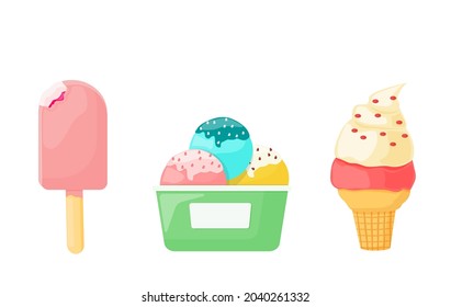 Ice cream, dessert in a waffle, a cardboard cup and on a stick. Vector