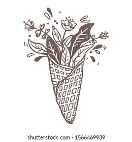 Ice cream dessert in waffle cone with growing flower bouquet, plants, foliage and leaves instead of sweet cream. Vector creative and trendy concept for cafe logo, label or emblem. Sketch illustration