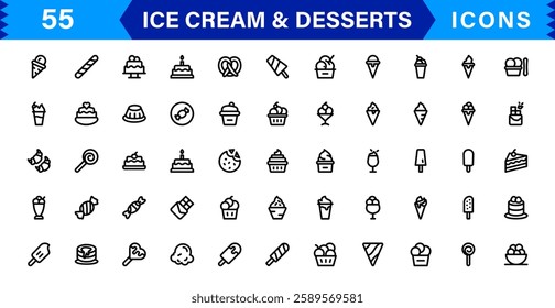 Ice Cream and Desserts Icon Set. Delicious Vector Icons for Sweets, Bakery, and Frozen Treats Designs