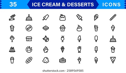 Ice Cream and Desserts Icon Set. Delicious Vector Icons for Sweets, Bakery, and Frozen Treats Designs