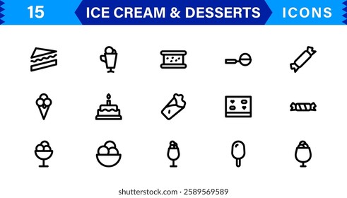 Ice Cream and Desserts Icon Set. Delicious Vector Icons for Sweets, Bakery, and Frozen Treats Designs