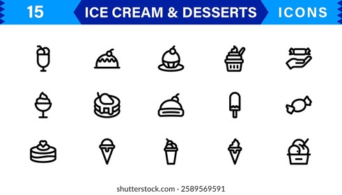 Ice Cream and Desserts Icon Set. Delicious Vector Icons for Sweets, Bakery, and Frozen Treats Designs