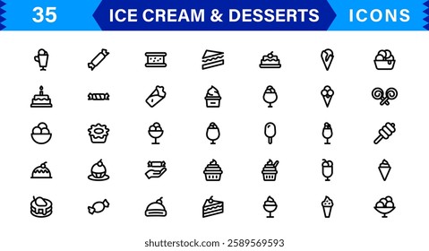 Ice Cream and Desserts Icon Set. Delicious Vector Icons for Sweets, Bakery, and Frozen Treats Designs