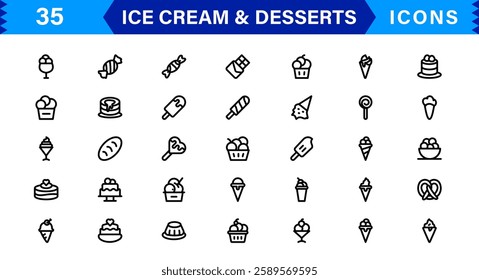 Ice Cream and Desserts Icon Set. Delicious Vector Icons for Sweets, Bakery, and Frozen Treats Designs