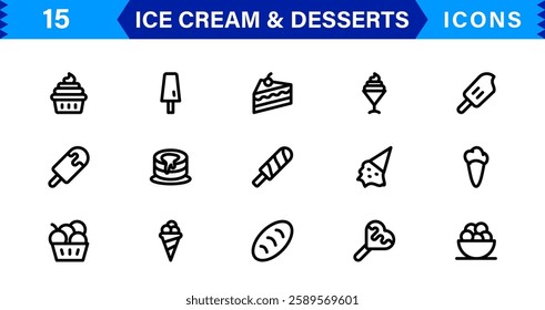 Ice Cream and Desserts Icon Set. Delicious Vector Icons for Sweets, Bakery, and Frozen Treats Designs