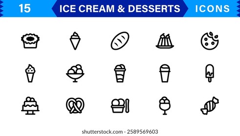 Ice Cream and Desserts Icon Set. Delicious Vector Icons for Sweets, Bakery, and Frozen Treats Designs