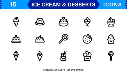 Ice Cream and Desserts Icon Set. Delicious Vector Icons for Sweets, Bakery, and Frozen Treats Designs