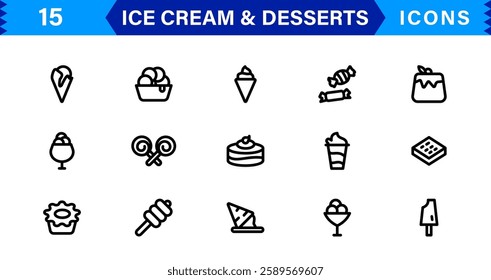 Ice Cream and Desserts Icon Set. Delicious Vector Icons for Sweets, Bakery, and Frozen Treats Designs