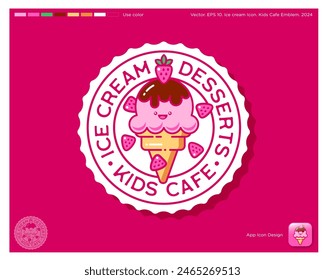 Ice Cream and Desserts logo. Kids Cafe emblem. Kawaii Ice Cream and strawberries with letters into circle.