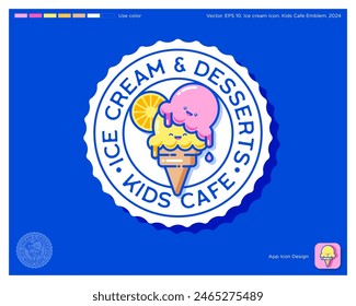 Ice Cream and Desserts logo. Kids Cafe emblem. Kawaii Ice Cream and slice of Orange with letters into circle.