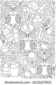 Sobremesas de sorvete e padrão de doodle de coruja, mão desenhado preto e branco doodle padrão sem costura com vários cones de sorvete, sundaes, picolés, e bonitos desenhos animados corujas. Ideal para colorir páginas,