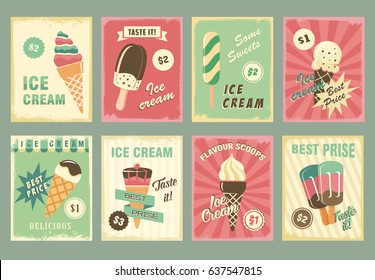 Ice cream desserts price cards. Vector sweet frozen ice sorts of fruit or mint and strawberry soft scoops in wafer cone, sundae or coffee sorbet with chocolate waffle for gelateria cafe menu