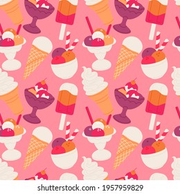 Ice cream desserts seamless pattern vector illustration. Tasty frozen food texture design. Different sorbets, eskimo and waffle cups wrapping.
