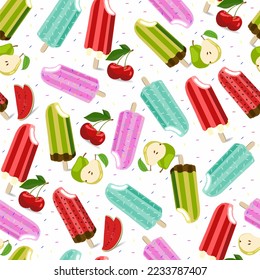 Ice cream desserts seamless pattern. Frozen and cold. Summer time. Pear, cherry, watermelon flavors. Isolated on white background. Print, textile, fabric, wrapping paper.