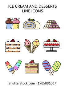 ice cream and desserts. set of colored vector icons in flat style