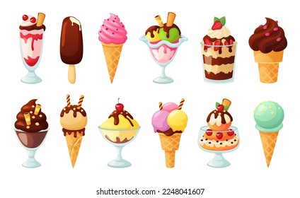 Ice cream desserts. Sundae topped with syrup, sweet sprinkles, berries and fruits. Tasty cold dessert in glass cartoon vector set. Delicious frozen food or snack with different tastes