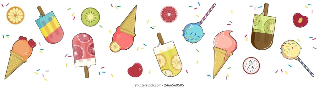 ice cream desserts, sundaes, popsicles and fruits | colorful vector Illustration Banner