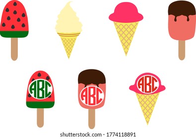 Ice cream in different colors and shapes - MONOGRAM. vector