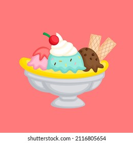 ice cream with different flavors, berry, fruit, pistachio, vanilla or citrus with two wafer straws, crumbs, fillings, jam and sweet sauce. Cold, fresh dessert in a bowl, isolated vector