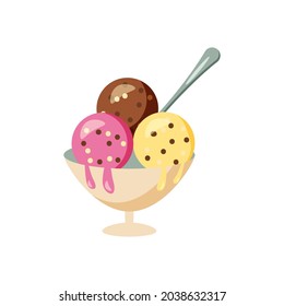 Ice cream different flavors fresh summer dessert in a bowl with spoon. Vector illustration cartoon