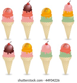 ice cream with different flavors into the cookie cone