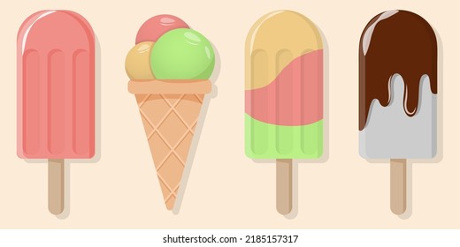 Helado de diferentes sabores sobre un palo, bolas de helado en una taza de gofre, helado decorado con chocolate. Ilustración vectorial de la comida rápida dulce de verano.