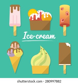 Ice cream different kinds: cone, sundae, popsicle, gelato, with sweet chocolate, with waffle. Flat layered modern vector illustration and design element. Refreshing in summer time