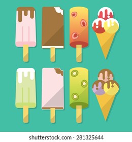Ice cream different kinds: cone, sundae, popsicle, gelato, with sweet chocolate, with waffle. Flat layered modern vector illustration and design element. Refreshing in summer time