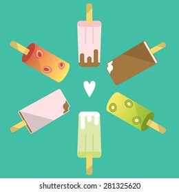 Ice cream different kinds: vanilla, juice, fruits, with sweet chocolate, with waffle. Flat layered modern vector illustration and design element. Refreshing in summer time