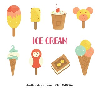 Ice cream in different shapes. cones, on a stick, in the form of characters