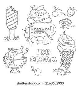 Ice cream of different shapes, a picture for coloring in a cartoon style.