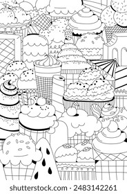 Ice cream, different types of ice cream. Coloring book, black and white vector illustration.
