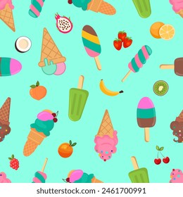 Ice cream, different varieties of ice cream, fruit
