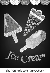 Ice Cream of different varieties on chalk Board