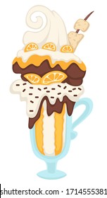 Ice cream dish icon, isolated scoop in cup served with mousse and marshmallow, chocolate and orange slices. Sweets with fruits, menu of restaurant or cafe. Frozen dessert with milk, vector in flat