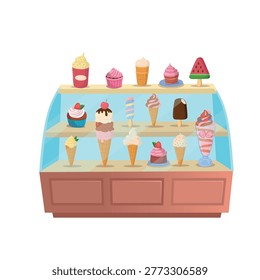 Ice cream display case with assorted desserts and frozen treats. Perfect for cafe menus, dessert shop advertising, and food promotions.