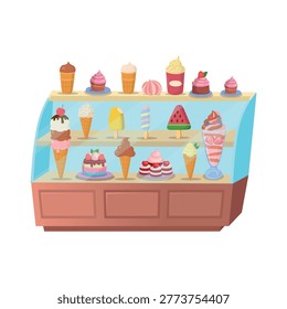Ice cream display case with assorted desserts and frozen treats. Perfect for cafe menus, dessert shop advertising, and food promotions.