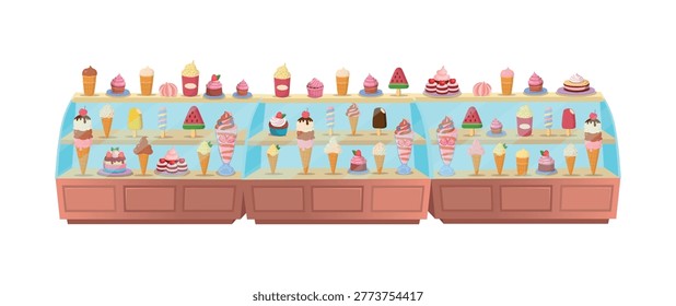 Ice cream display case with assorted desserts and frozen treats. Perfect for cafe menus, dessert shop advertising, and food promotions.