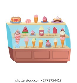 Ice cream display case with assorted desserts and frozen treats. Perfect for cafe menus, dessert shop advertising, and food promotions.