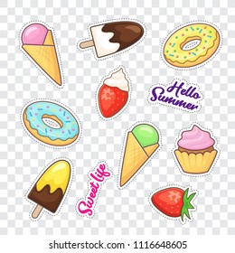 Ice cream, donut, cupcake and strawberry. Vector stickers