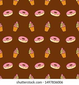 Ice Cream and Donut Pattern Seamless with Brown Background - Art Pattern Seamless Design - Strawberry