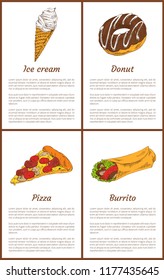 Ice cream and donut sweets with pizza and burrito, isolated on white background fast food collection, colorful vector illustration of fatty appetizers