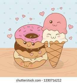 ice cream with donuts kawaii characters