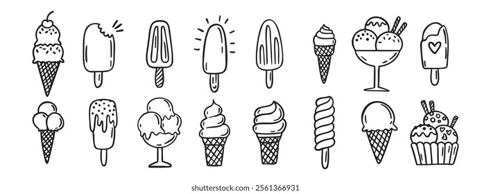 ice cream doodle hand drawn icon set. Outline drawing ice cream line clipart symbol collection. Vector illustration