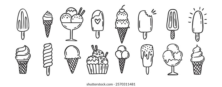 ice cream doodle hand drawn icon set. Outline drawing ice cream line clipart symbol collection. Vector illustration