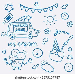 Ice cream doodle hand drawn icon set blue line. Outline drawing ice cream line clipart symbol collection. Vector illustration