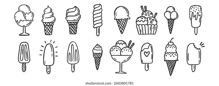 ice cream doodle hand drawn icon set. Outline drawing ice cream line clipart symbol collection. Vector illustration