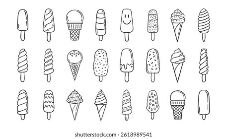  sorvete doodle desenhado à mão ícone set. Coleção de símbolos de clipart de linha de sorvete de desenho de contorno. Ilustração vetorial