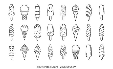  ice cream doodle hand drawn icon set. Outline drawing ice cream line clipart symbol collection. Vector illustration